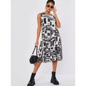 Vasana Abstract Sleeveless Midi Dress |Size Small | Black/White
